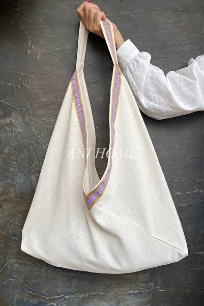 Anı Home Keten Mor Kare Şeritli Bag Plaj Ve Omuz Çantası