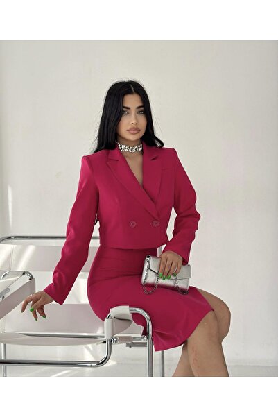 pembekurdelem Blazer Crop Ceket Etek Takım Fuşya