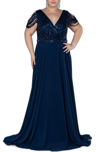 Arden Büyük Beden Uzun Abiye, Siyah Lacivert Şifon Payet, Kloş, V Yaka, Kısa ...