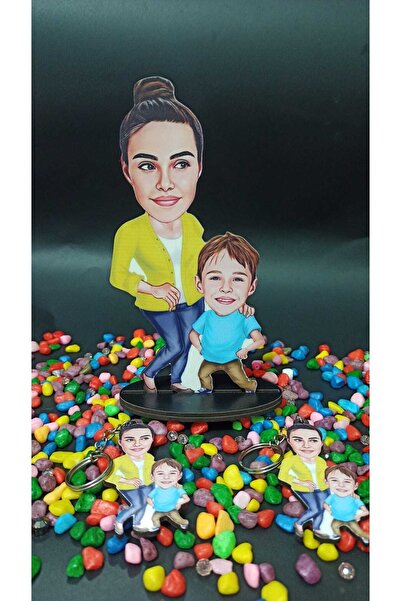 3D Hediye Dünyası Anneme Hediye Karikatür Biblo Hediyesi 2 Adet Anahtarlık He...