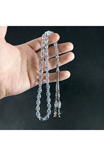 Selderesi Şeffaf Renk Mavi Ipli Harfli Toz Kehribar Tesbih