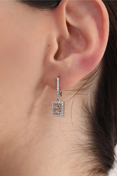 Bilsen Store 925 Ayar Gümüş Rodium Kaplama Beyaz Zirkon Taşlı Dikdörtgen Küpe