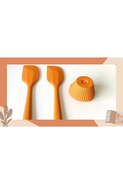 PİNK ROSE Bybirgül Fireproof Non-Stick Silicone Flat Spatula, Dough Scraper (2 Pieces) + Brown Cake Mold (2 Packs)