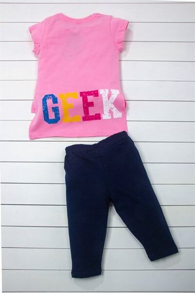Panolino Girl's 100% Cotton&cotton Pink Color T-shirt Navy Blue Color Tights Bottom Top 2 Pieces Set 4828-p