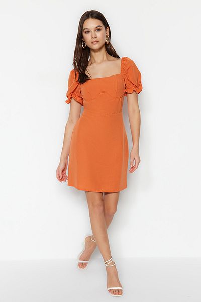 Trendyol Collection Μίνι υφαντό φόρεμα πορτοκαλί A-Cut με μπαλόνι μανίκι λινό TWOSS23EL01765