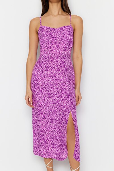 Trendyol Collection Šeříkový květinový potisk Rovný střih Detailní tkané šaty TWOSS23EL02295