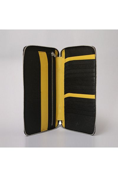 BON CARNET Кожен портфейл с цип Acar Keops, черен, текстуриран, жълт, 24*13 см