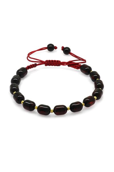 Tesbihane Macrame Braided Dorica Ball Decorated Capsule Cut Dark Red Color Drop Amber Women's Bracelet