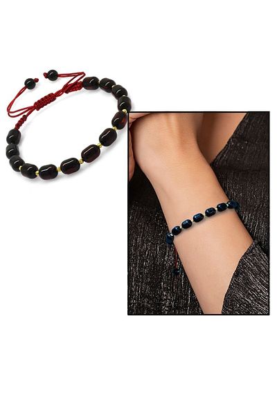 Tesbihane Macrame Braided Dorica Ball Decorated Capsule Cut Dark Red Color Drop Amber Women's Bracelet