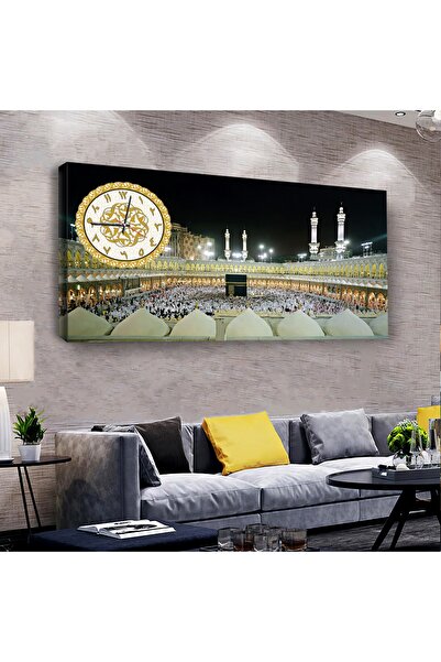 Zevahir Mobilya Dekorasyon Kanvas Beyaz Işıklandırmalı Kabe Dini Saatli Tablo
