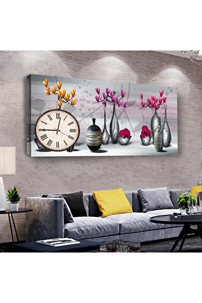 Zevahir Mobilya Dekorasyon Vazo Çiçek 120 X 60 Saatli Kanvas Tablo
