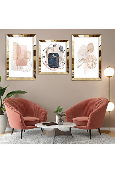 Zevahir Mobilya Dekorasyon Soyut Desen Taş Gold Pleksi Kenar Üçlü Mdf Tablo Seti Ve Saat Seti