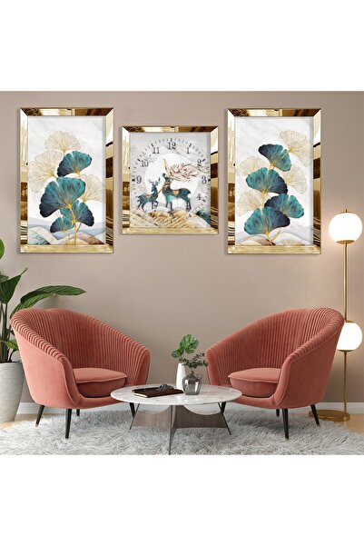Zevahir Mobilya Dekorasyon Gold Aynalı Pleksi Çerçeveli Üçlü Mdf Tablo Seti Vesaat Seti