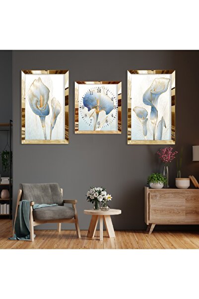 Zevahir Mobilya Dekorasyon Çiçek Soyut Desen Gold Pleksi Kenar Üçlü Mdf Tablo Seti Ve Saat Seti