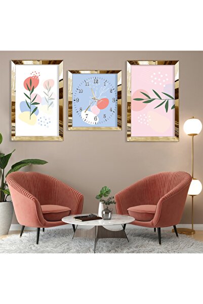 Zevahir Mobilya Dekorasyon Minimalist Çiçek Soyut Desen Gold Pleksi Kenar Üçlü Mdf Tablo Seti Ve Saat Seti
