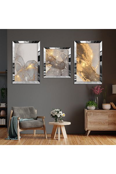 Zevahir Mobilya Dekorasyon Set de pictură și ceas din MDF cu model abstract din argint cu margine din plexiglas