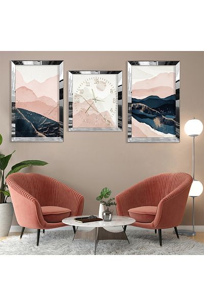 Zevahir Mobilya Dekorasyon Model Abstract Mountain Silver Plexi Edge Set de pictură MDF triplu și set de ceasuri