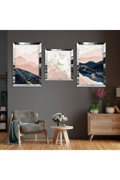 Zevahir Mobilya Dekorasyon Model Abstract Mountain Silver Plexi Edge Set de pictură MDF triplu și set de ceasuri