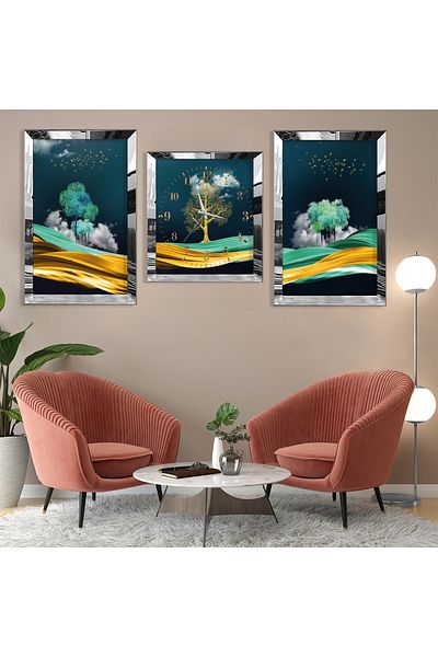 Zevahir Mobilya Dekorasyon Set de pictură din MDF triplu cu model abstract de copac cu cadru din plexiglas cu oglindă argintie și set de ceasuri