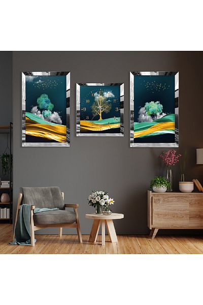 Zevahir Mobilya Dekorasyon Set de pictură din MDF triplu cu model abstract de copac cu cadru din plexiglas cu oglindă argintie și set de ceasuri