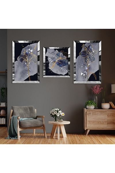Zevahir Mobilya Dekorasyon Purple Plant Abstract Pattern Silver Plexi Edge Triple Mdf Table Set and Clock Set