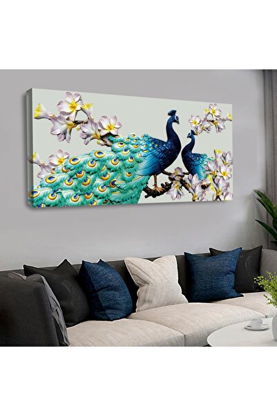 Zevahir Mobilya Dekorasyon Kanvas Mor Çiçekli Mavi Tavus Kuşu Yatay Tablo