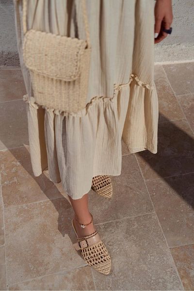 NİŞANTAŞI SHOES Beste beige gestrickte Damenhausschuhe mit Gürteldetail und flacher Sohle