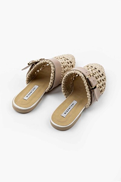 NİŞANTAŞI SHOES Nejlepší béžové dámské pantofle s plochou podrážkou na detail opasku