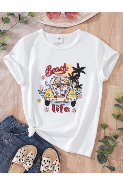 MORNİNG KİDS Tricou alb din bumbac pieptănat pentru copii cu imprimeu Beach Life