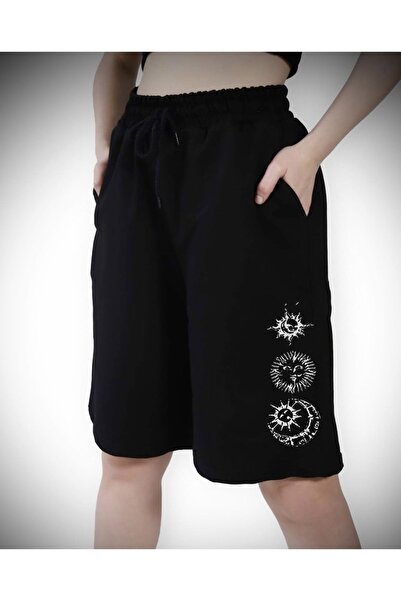 BE QUEEN Özel Üretim Güneş Ay Baskılı Çift Cep Diz Boyu Kadın Bermuda Şort