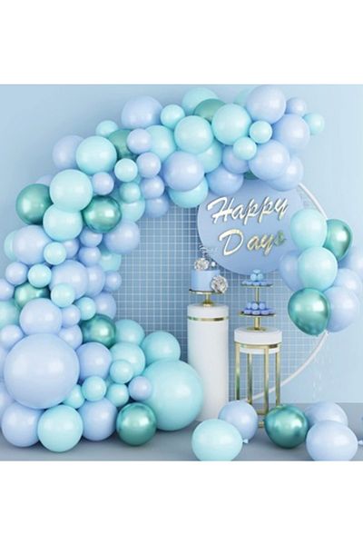 Çemrek Süs Parti Macaron Blue Macaron Mint Chrome Green Balloon Chain Set 100 Balloon and Chain