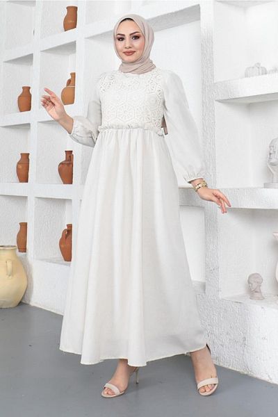 benguen 8787 Rochie Hijab In Dantela Detaliata Culoare Piatra