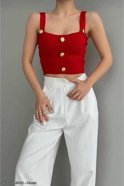 TheNeva Qustyle Women's Front Button Detailed Thick Strap Crop Knitwear Red