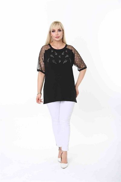 SİZ Plus Size Summer Crew Neck Flower Embroidered Shoulder And Sleeve Tulle Short Sleeve Black Viscose Blouse