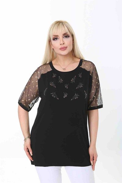 SİZ Plus Size Summer Crew Neck Flower Embroidered Shoulder And Sleeve Tulle Short Sleeve Black Viscose Blouse
