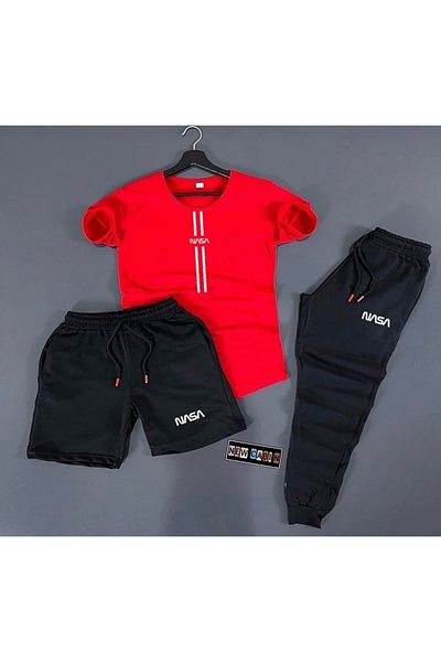 NewCabin Унисекс къси панталони-спортни панталони-тениска Slim Fit Nasa Stripe Printed Set Combination Bottom Top
