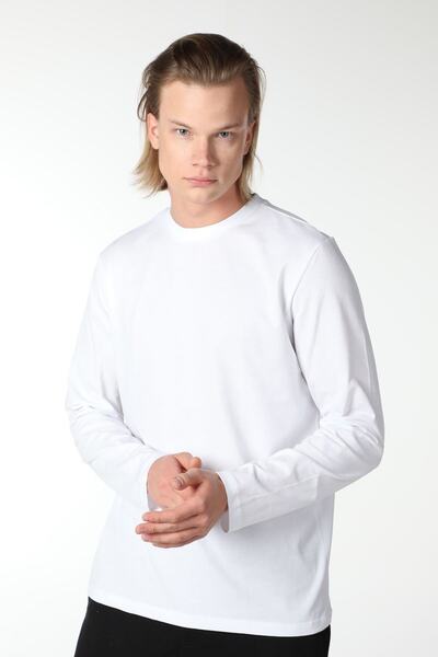 defys Tricou pentru bărbați guler rotund cu mânecă lungă, cu croiala normală, basic alb