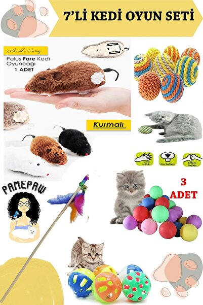 PAMEPAW 7'li Set : Kurmalı Peluş Fare Oyuncağı , Sarma Top , Olta , 3'lü Mini...