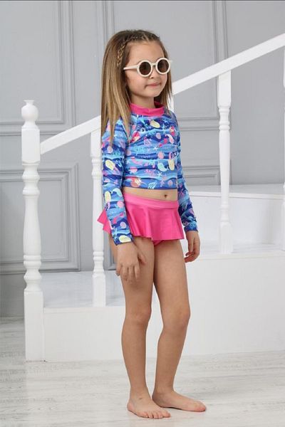 PODİUM GİYİM New Trend Mermaid Printed Sun Protection Μακρυμάνικο Crop Top Μίνι φούστα με βολάν στο κάτω μέρος Σετ μπικίνι