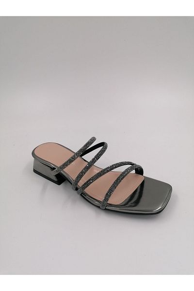 MASSİMA Fadeless Platinum Mirror Stone Ribbed Low Heel Evening Dress Slippers
