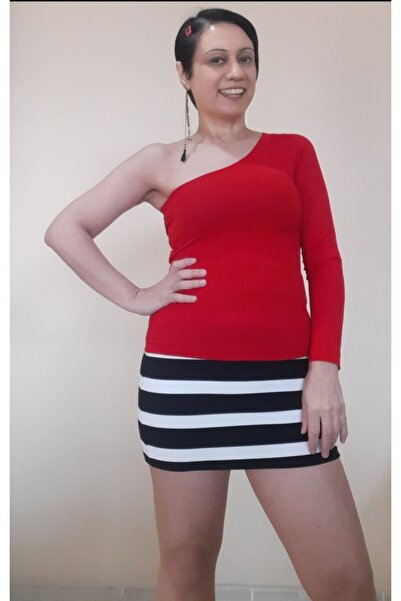 Mertcan Butik Red One Shoulder Open Long Sleeve Combed Cotton Viscose Blouse