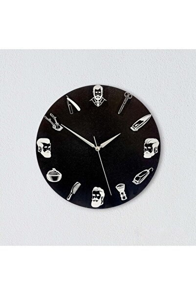 CajuArt Dekoratif Siyah Berber Kuaför Malzemeleri Duvar Saati