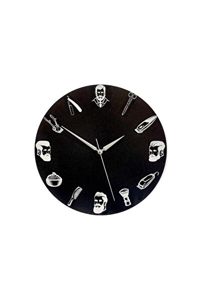 CajuArt Dekoratif Siyah Berber Kuaför Malzemeleri Duvar Saati