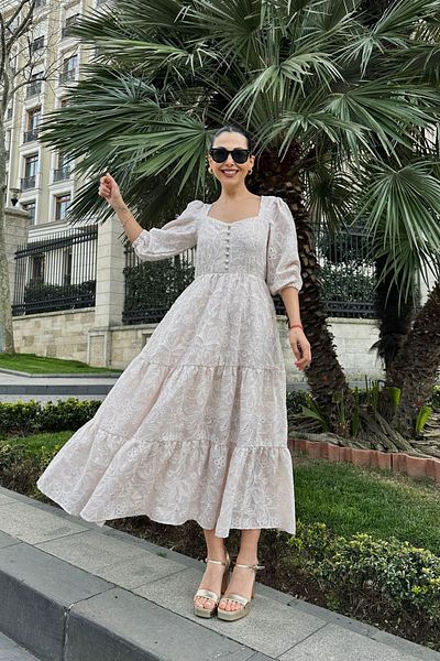 Seda Yalçın Atelier Beige Floral Patterned Scallop Dress