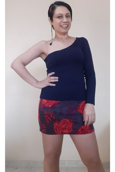 Mertcan Butik Navy Blue One Shoulder Open Long Sleeve Combed Cotton Viscose Blouse