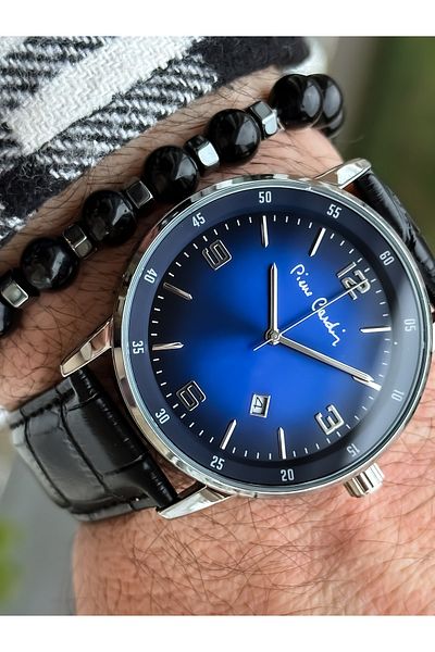 Pierre Cardin Brand Steel Case Leather Strap Calendar Men's Wristwatch + bracelet, rosary