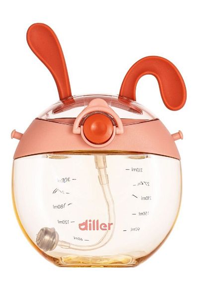 DILLER زجاجة مياه حمراء للأطفال على شكل أرنب تريتان غير قابلة للكسر سعة 330 مل مع شماعة