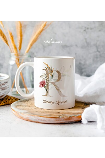 Vela Gifting Kişiye Özel R Harfli Isimli Beyaz Kupa Bardak - Sevgiliye Hediye...