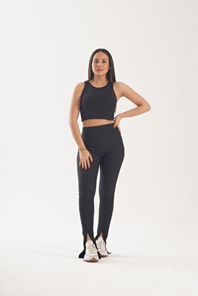 Benesento Paçaları Yırtmaç Siyah Tayt