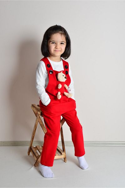 KİDSPİTİRCİK Unisex Children's Red Teddy Bear Salopet Badi